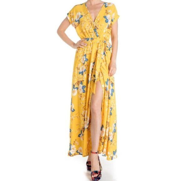 MEGHAN LA Jasmine Faux Wrap Lotus Floral Maxi Sun Dress Sz M Gold Lotus - Picture 1 of 17
